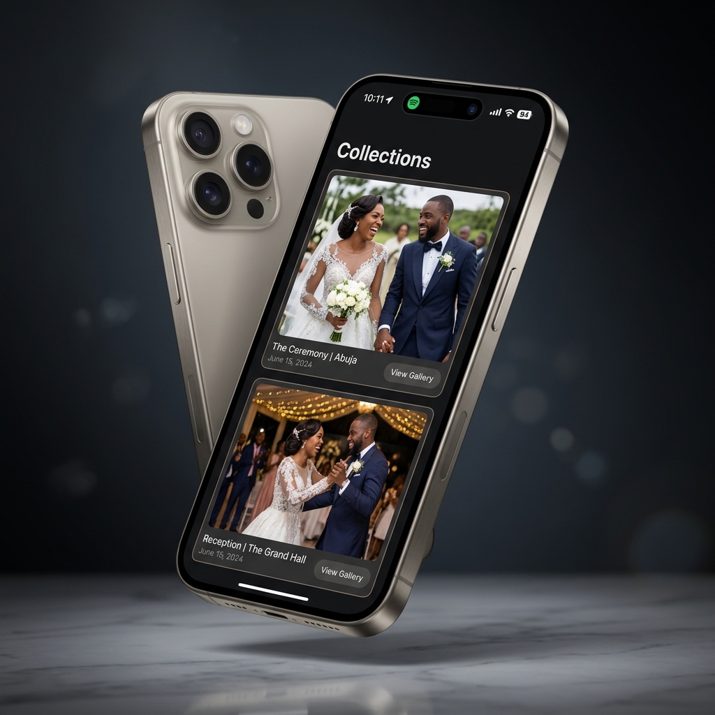 Relic app showing wedding collections on angled iPhone