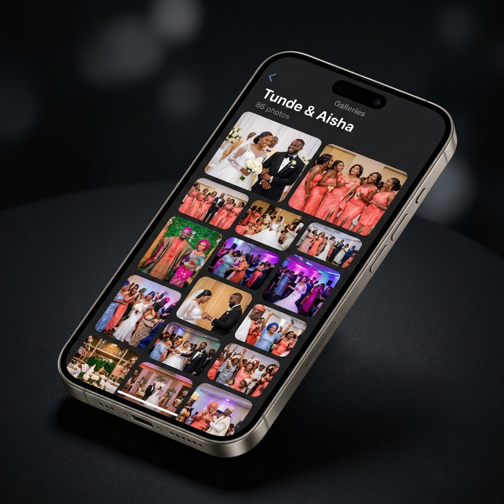 Relic gallery grid showing organized wedding photo collections on angled iPhone