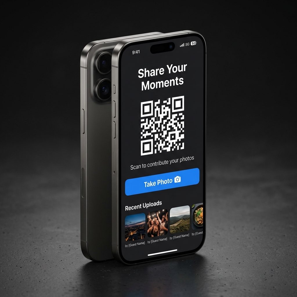GuestCam QR code upload screen on angled iPhone
