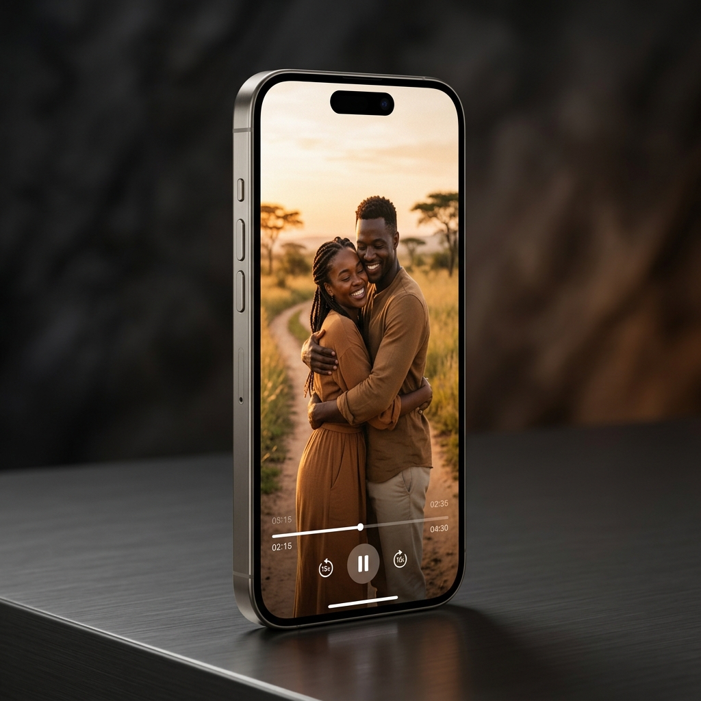Cinematic slideshow showing couple at golden hour on angled iPhone